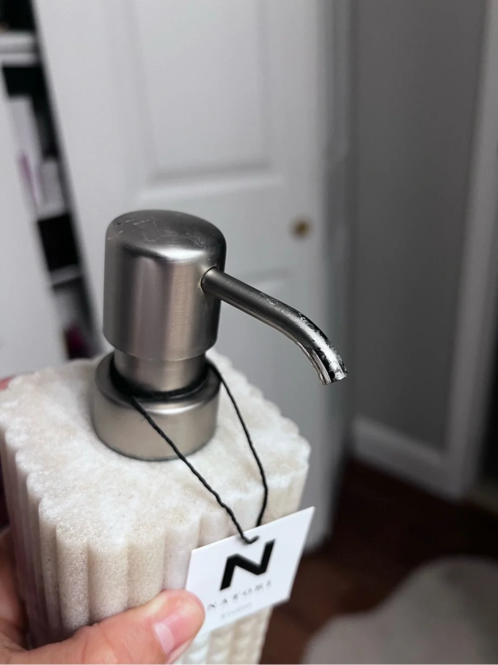 Natori Cream Marble Textured Soap Dispenser and Tumbler Set
